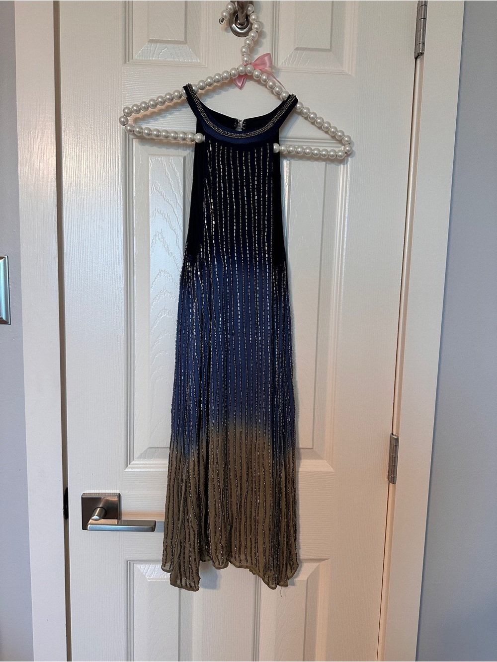 Chelsea and Violet Beaded Blue Olive Ombre Shift Dress Halter Neck NEW XS